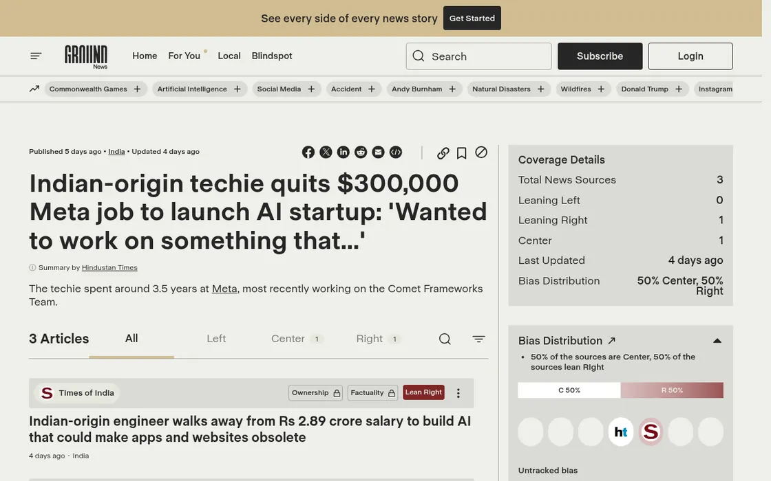 Ground News: Indian-origin techie quits $300,000 Meta job to launch AI startup: 'Wanted to work on something that...'