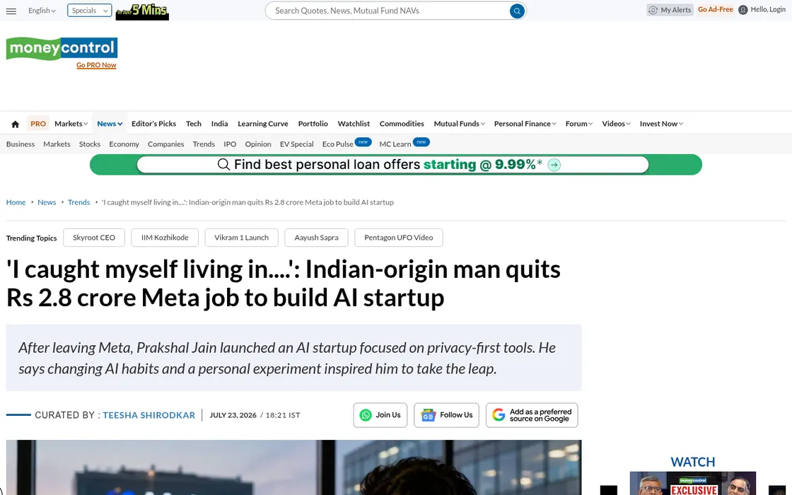 Moneycontrol: 'I caught myself living in....': Indian-origin man quits Rs 2.8 crore Meta job to build AI startup