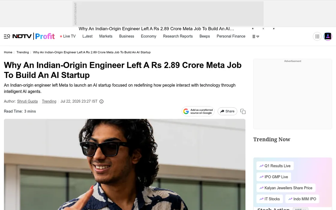 NDTV Profit: Why An Indian-Origin Engineer Left A Rs 2.89 Crore Meta Job To Build An AI Startup