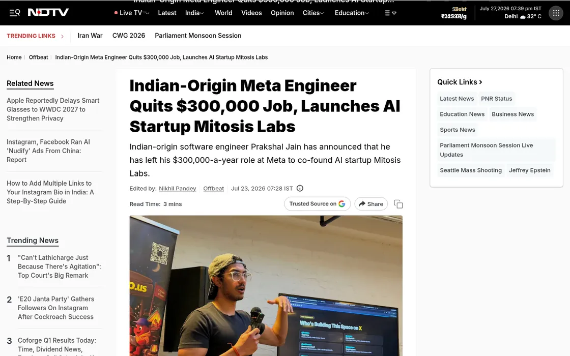NDTV: Indian-Origin Meta Engineer Quits $300,000 Job, Launches AI Startup Mitosis Labs