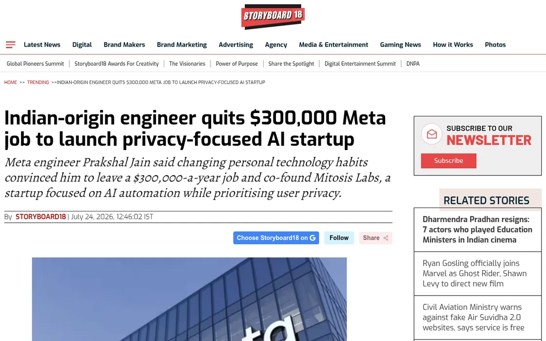 Storyboard18: Indian-origin engineer quits $300,000 Meta job to launch privacy-focused AI startup