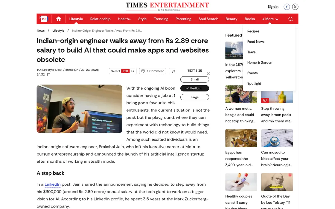 The Times of India: Indian-origin engineer walks away from Rs 2.89 crore salary to build AI that could make apps and websites obsolete