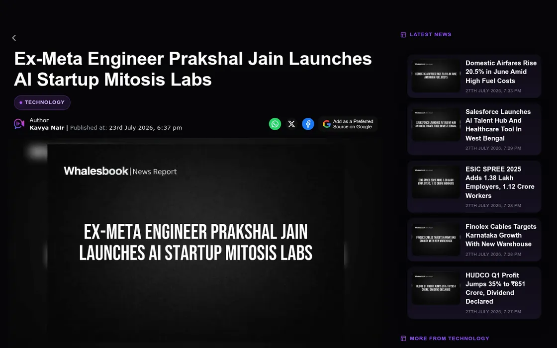 Whalesbook: Ex-Meta Engineer Prakshal Jain Launches AI Startup Mitosis Labs