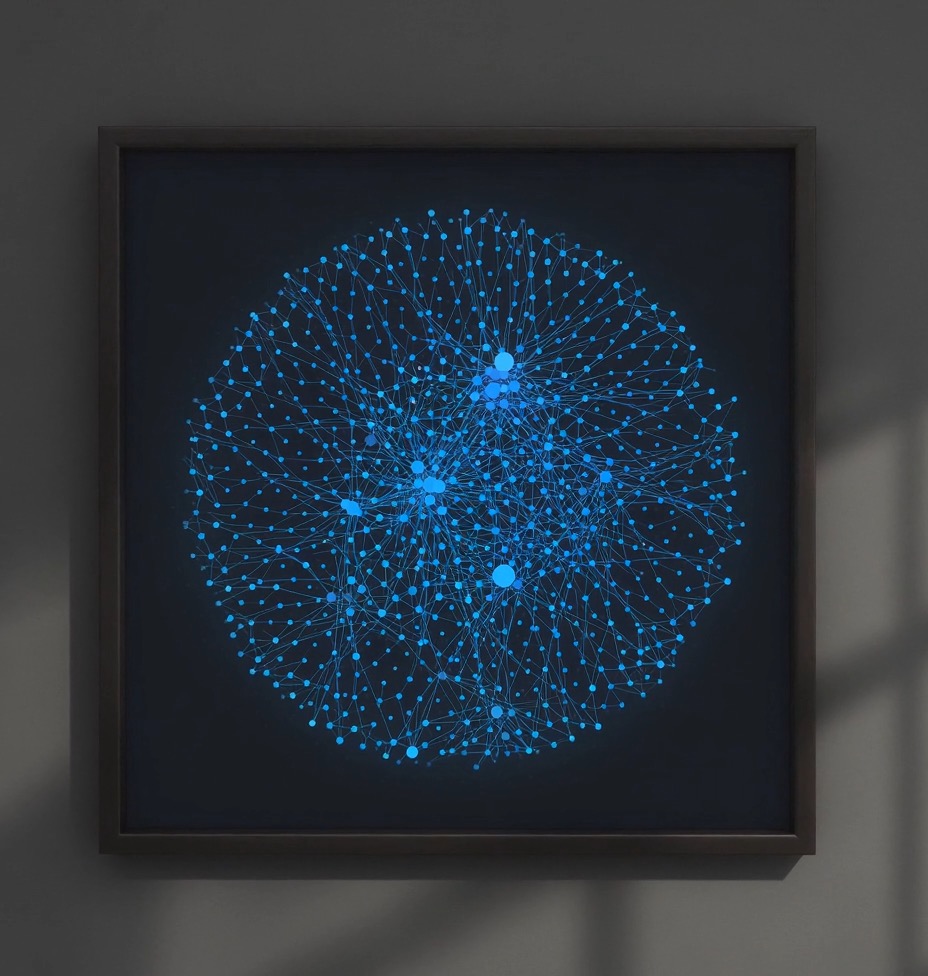 The Petite edition — a living constellation glowing blue in a slim dark frame